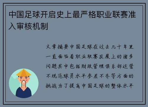 中国足球开启史上最严格职业联赛准入审核机制 中国足球开启史上最严格职业联赛准入审核机制